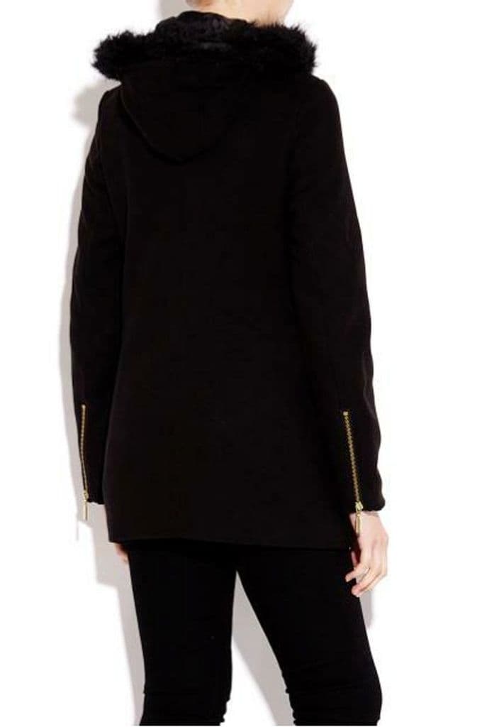 Womens Long Length Wool Biker Jacket With Gold Detailing